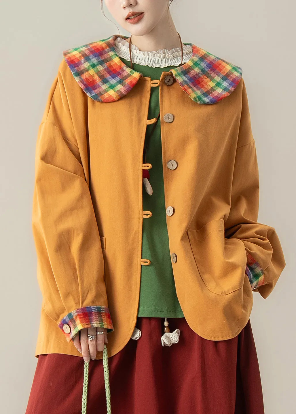 Art Orange Peter Pan Collar Patchwork Cotton Coat Spring