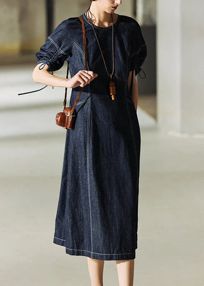 Italian Navy O Neck Drawstring Lace Up Patchwork Denim Dress Summer