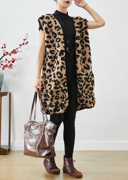 Leopard Print Pockets Faux Fur Teddy Vest Fall