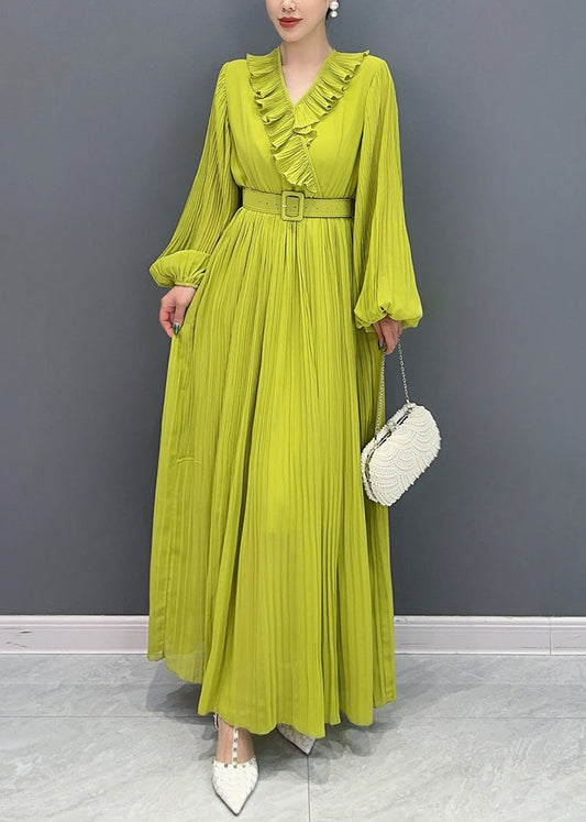 New Green V Neck Wrinkled Cotton Long Dress Fall