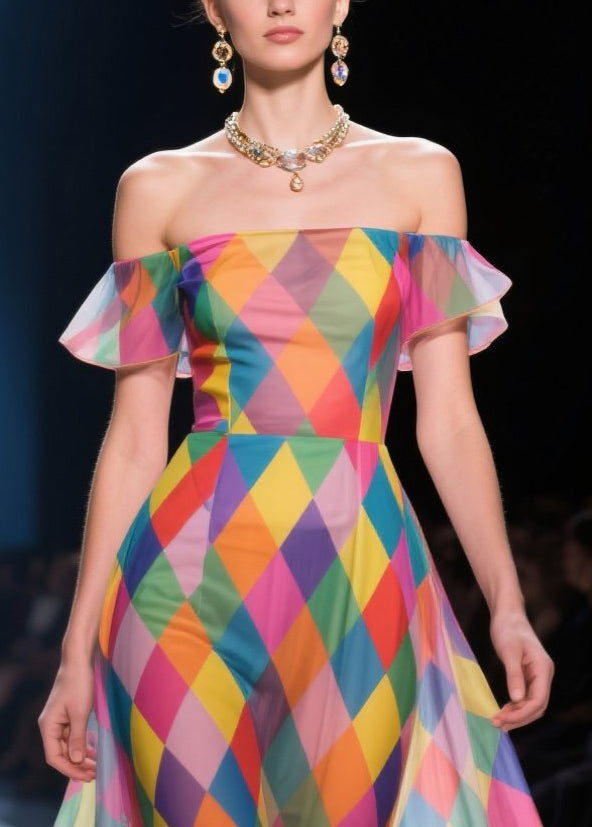 Colorblock Cold Shoulder Plaid Chiffon Strapless Dress Summer