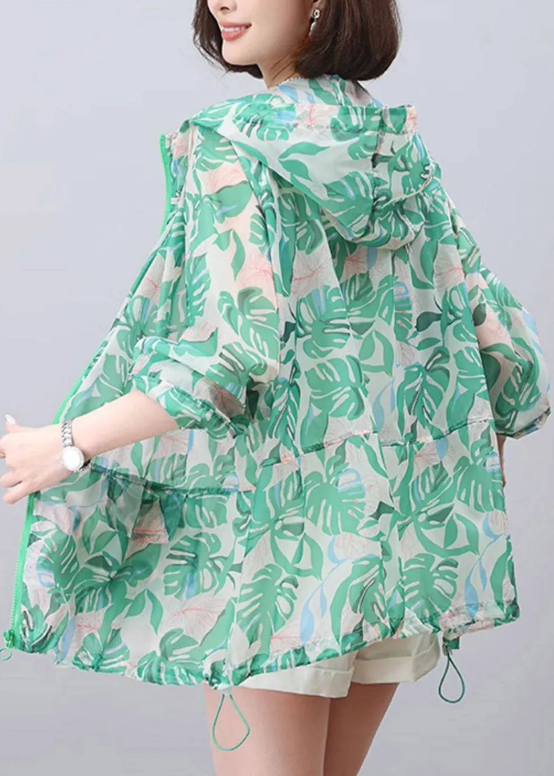 New Green Print Hooded Upf 50+ Coat Jacket Spring