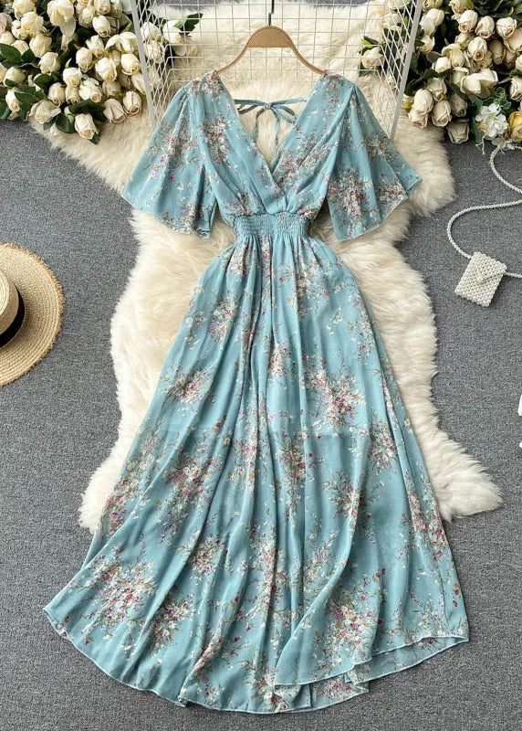 New Blue V Neck Lace Up Print Chiffon Vacation Dresses Summer