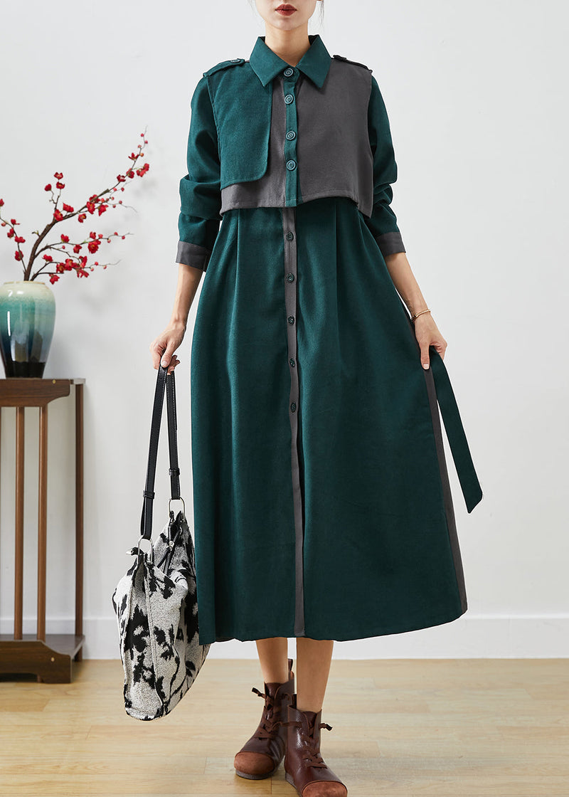 Green Peter Pan Collar Patchwork Cotton Two-piece Set Fall