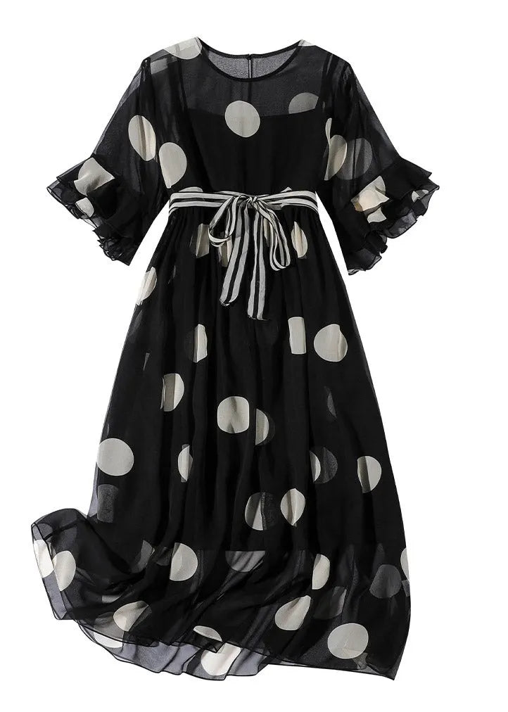French Black O-neck Dot Print Silk Dress Two Pieces Set Flare Sleeve