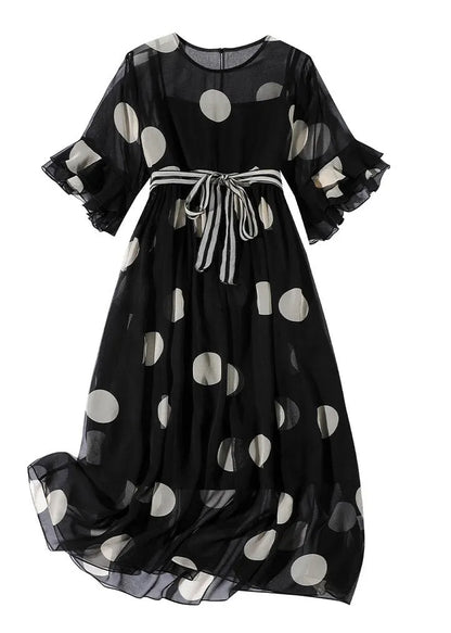 French Black O-neck Dot Print Silk Dress Two Pieces Set Flare Sleeve