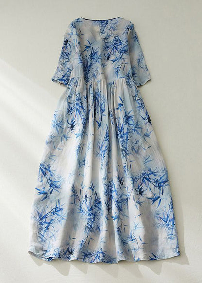 Blue V Neck Tie Waist Print Linen Cinched Dress Summer