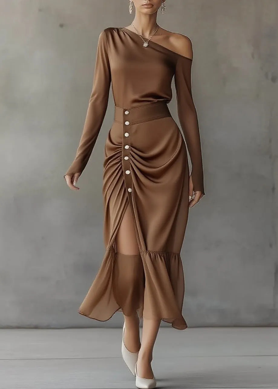 Italian Brown Top and Skirts Chiffon Two Pieces Set Spring