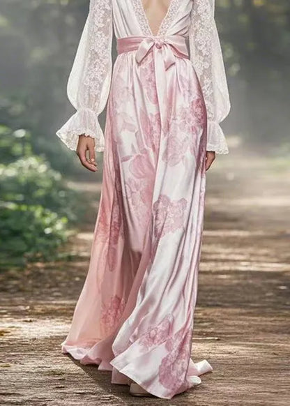 White V Neck Lace Up Silk Long Dress Flare Sleeve