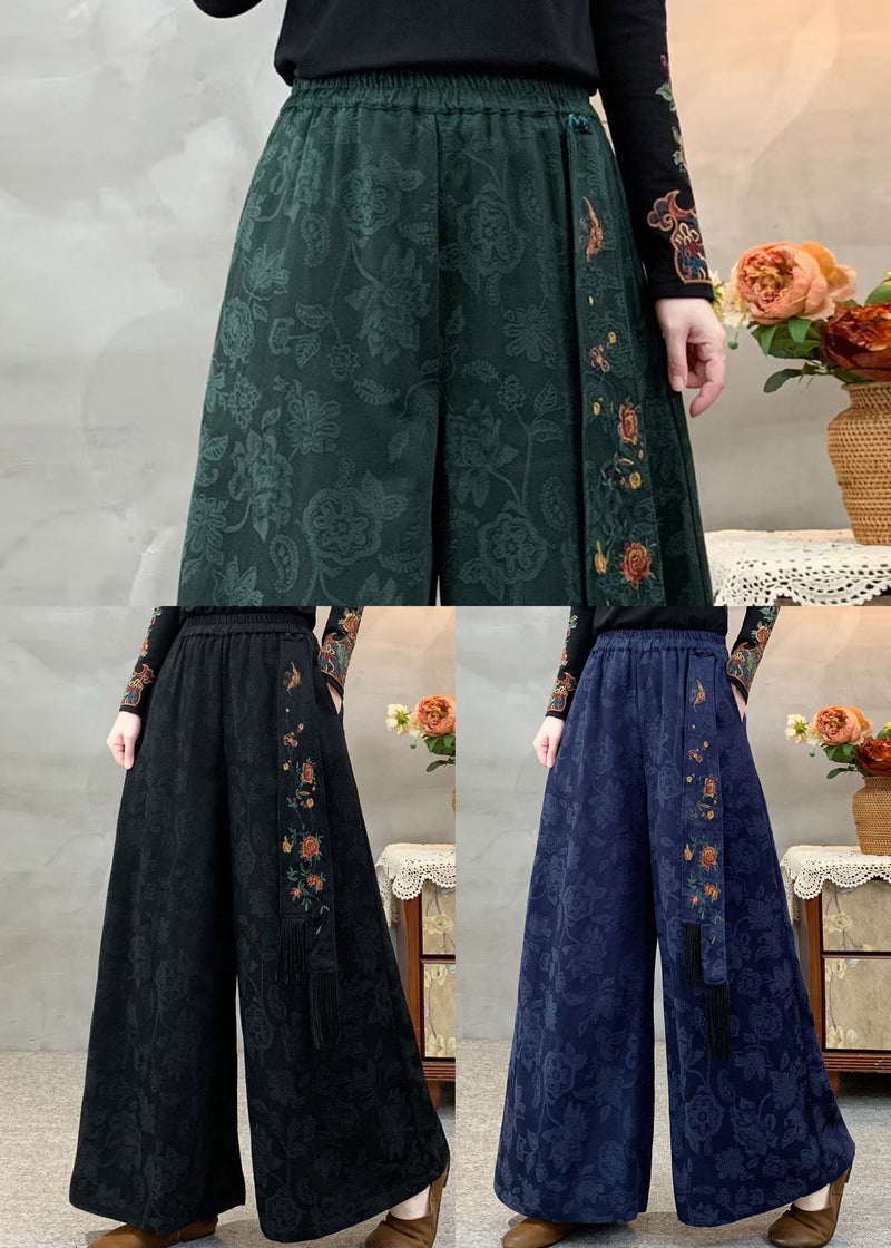 Black Elastic Waist Pockets Jacquard Cotton Pants Fall