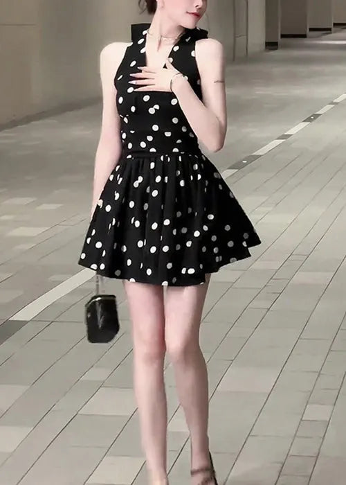 Stylish Black V Neck Dot Bow Cotton Mid Dress Sleeveless