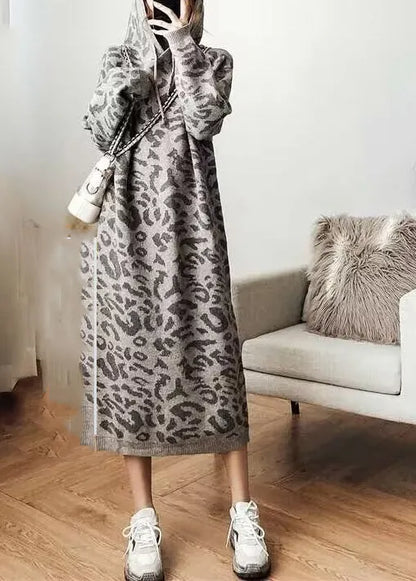 Grey Leopard Cozy Hoodie Knit Sweater Dress Fall