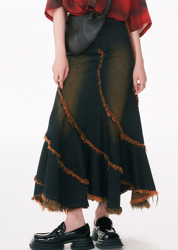 Slim Fit Blue Asymmetrical Tasseled Patchwork Denim Skirt Spring