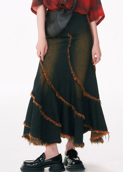 Slim Fit Blue Asymmetrical Tasseled Patchwork Denim Skirt Spring