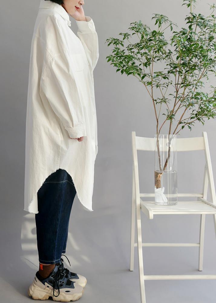 Natural White Cotton Clothes Big Pockets Shift Shirt Dress