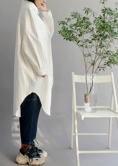 Natural White Cotton Clothes Big Pockets Shift Shirt Dress