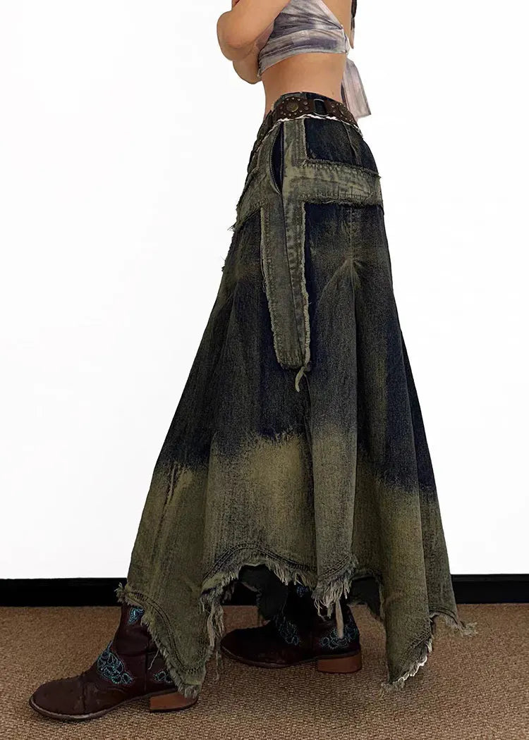 High Waist Asymmetrical Patchwork Denim Maxi Skirt Summer