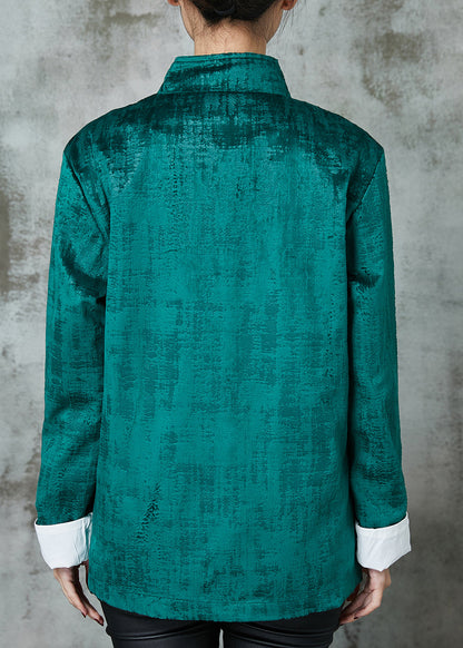Peacock Green Stand Collar Chinese Button Cotton Coats Spring