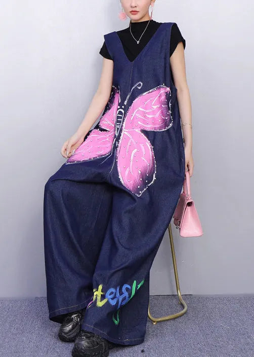 Whimsical Blue Butterfly Printed Denim Jumpsuit Sleeveless