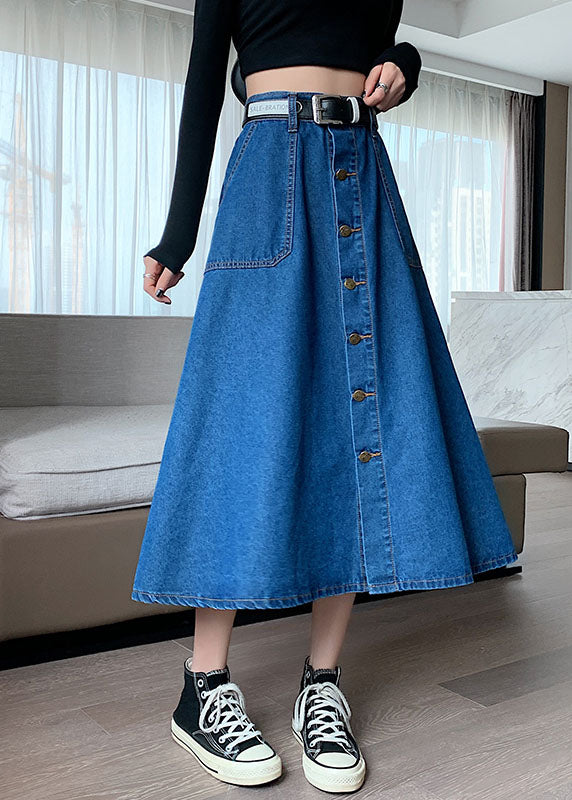 Navy Elastic Waist Button Exra Large Hem Cotton Denim Skirt Summer