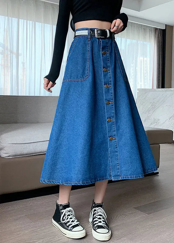 Navy Elastic Waist Button Exra Large Hem Cotton Denim Skirt Summer