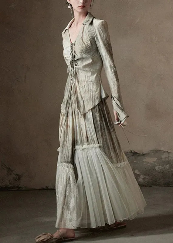 Retro Light Green Peter Pan Collar Tulle Patchwork Shirt and Maxi Skirts Two Piece Set Flare Sleeve