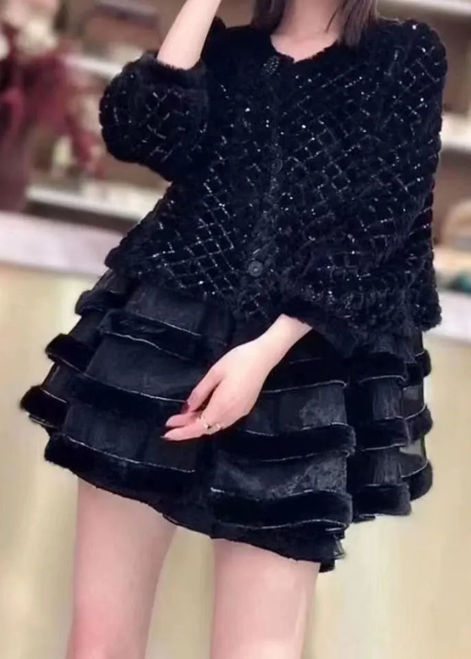 French Black O-neck Button Patchwork Velour Coats Fall