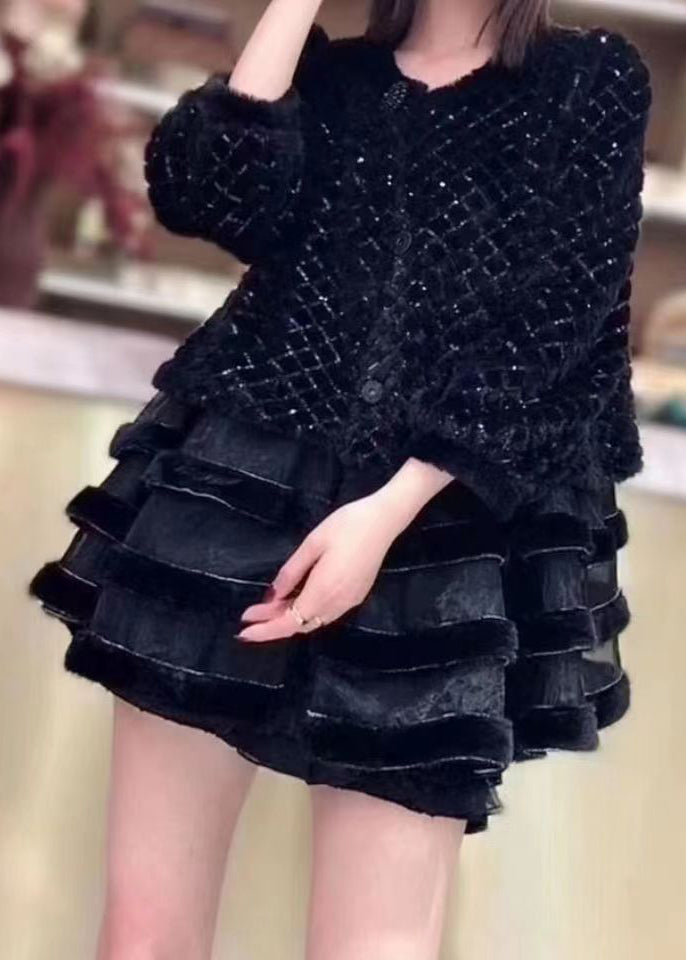 French Black O-neck Button Patchwork Velour Coats Fall