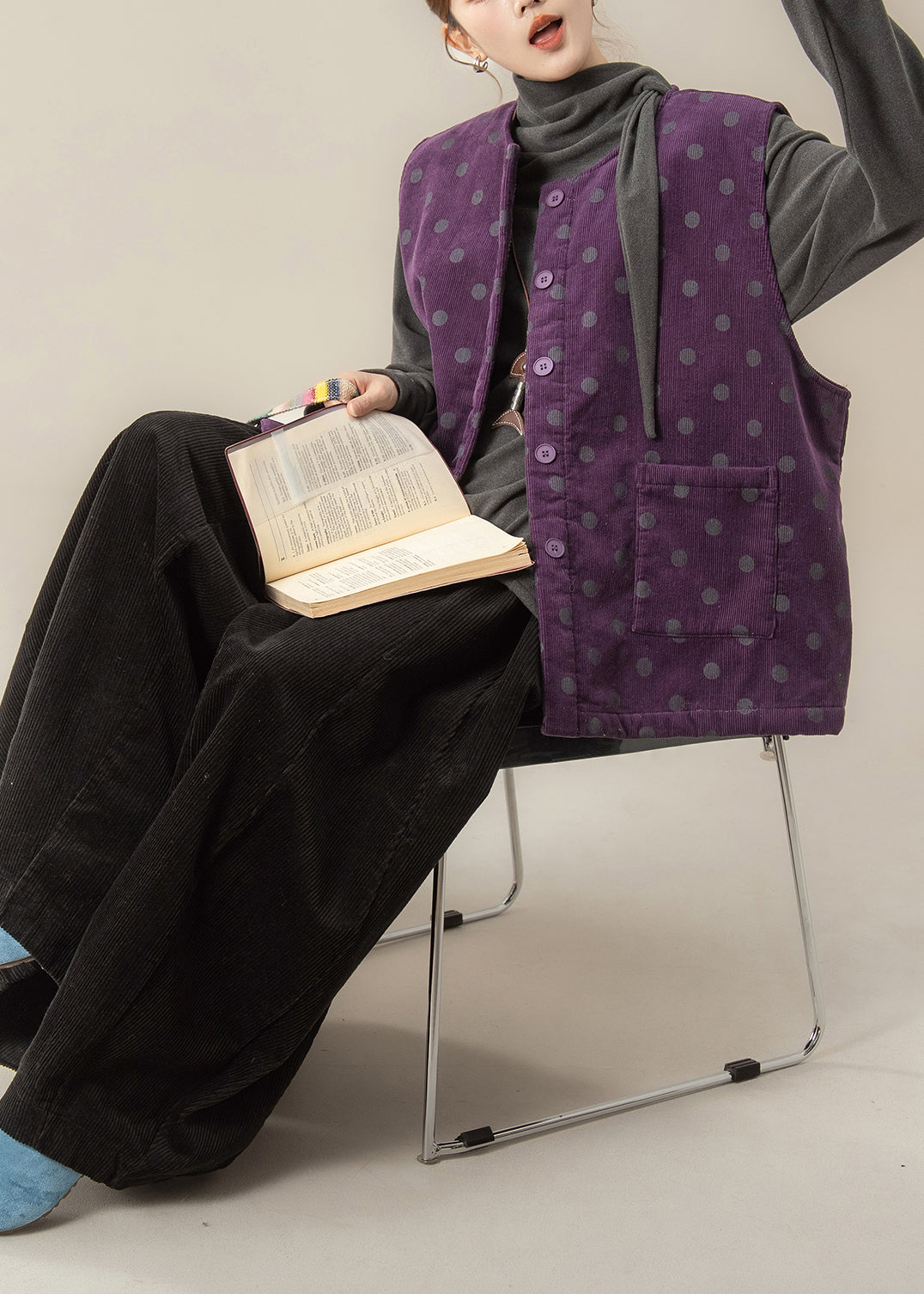 Italian Purple Corduroy Vest Pants and T Shirt Threepiece Set Winter