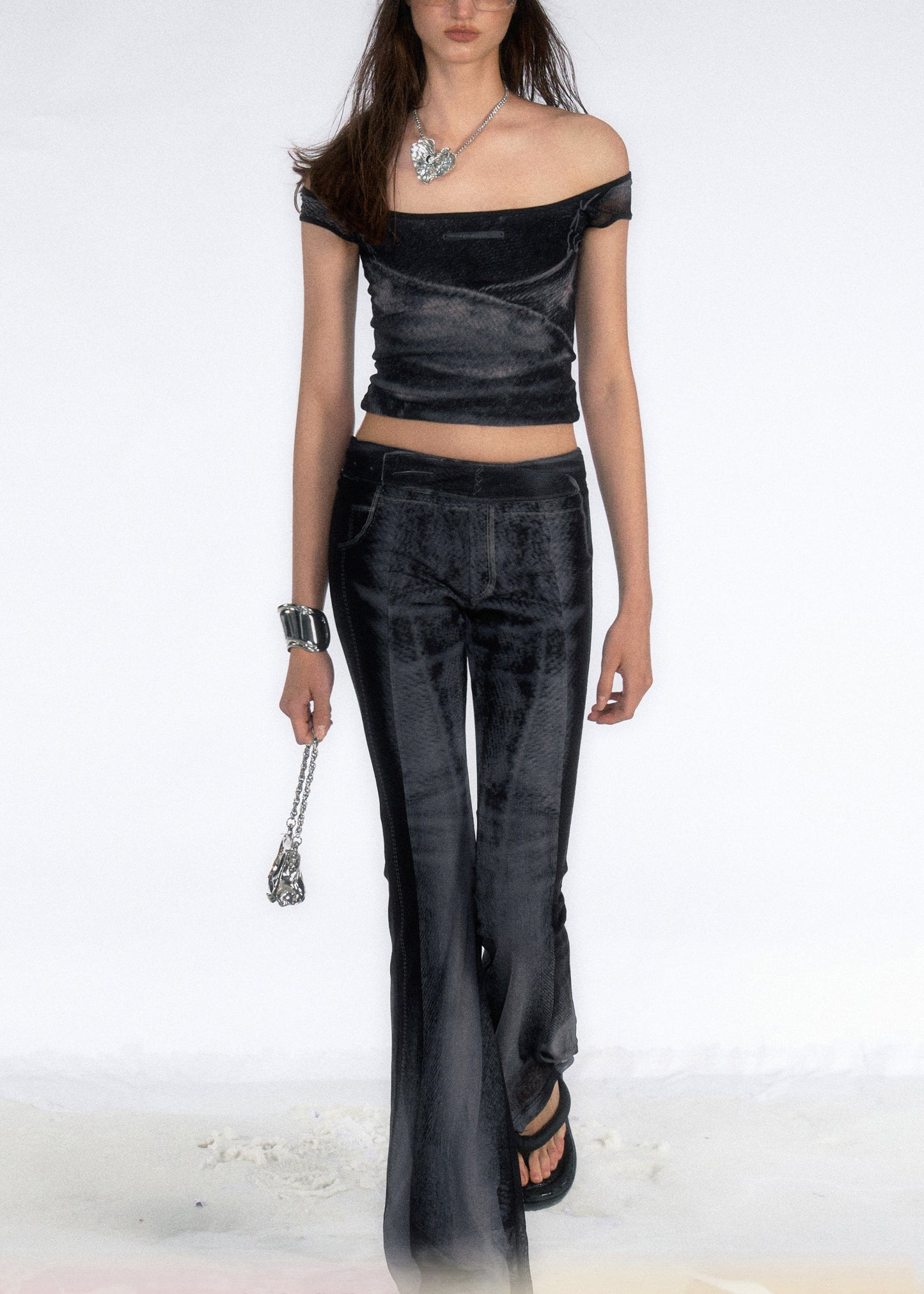 Stylish Black Ice Silk Vest and Flare Jeans Two Pieces Set Sleeveless