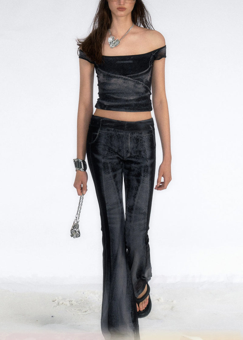 Stylish Black Ice Silk Vest and Flare Jeans Two Pieces Set Sleeveless