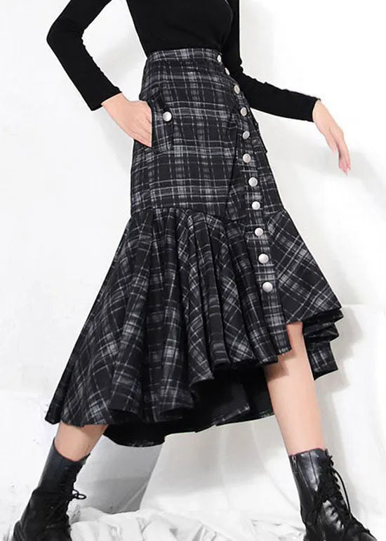 Black Low High Design Ruffles Plaid Skirt Spring