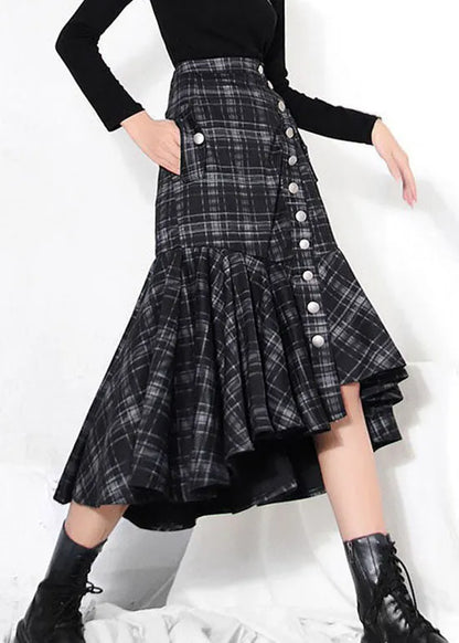 Black Low High Design Ruffles Plaid Skirt Spring