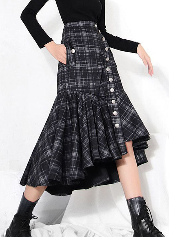 Black Low High Design Ruffles Plaid Skirt Spring