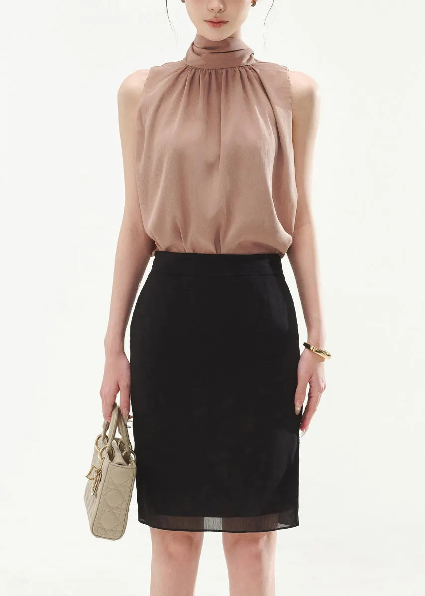 Loose Rubber Powder Bow Tops and Side Open Black Skirts Two Piece Set Sleeveless