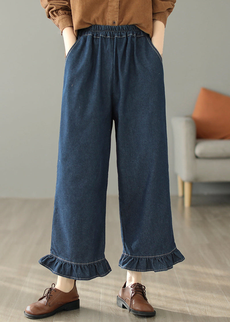 Blue Ruffled Patchwork Pockets Straight Jeans Spring
