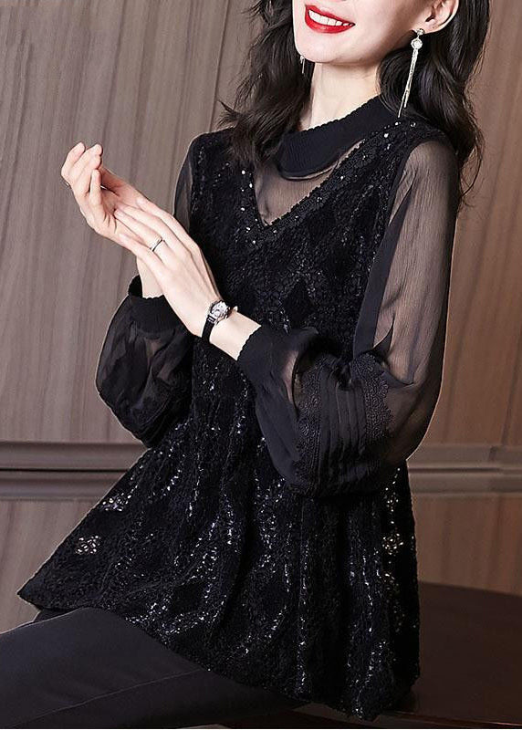 Black Embroideried Hollow Out Patchwork Lace Top Lantern Sleeve