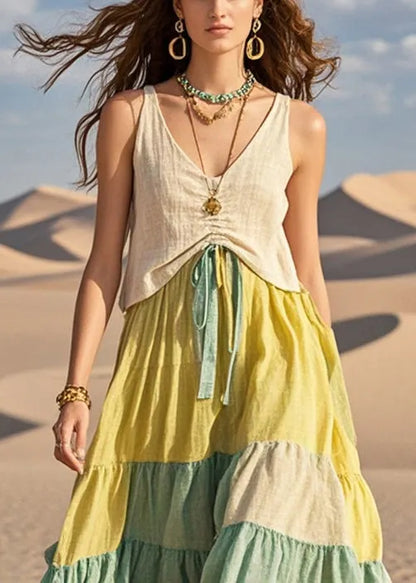 Colorblock Cinched Patchwork Cotton Dresses Summer