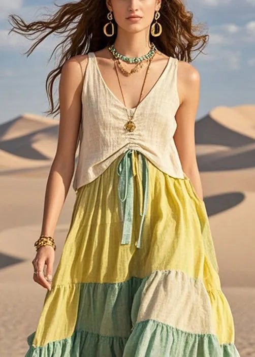 Colorblock Cinched Patchwork Cotton Dresses Summer