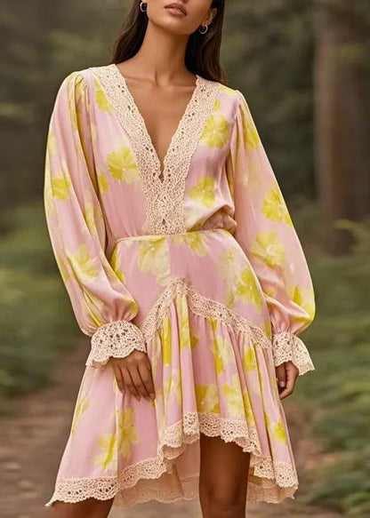 Pink V Neck Lace Wrinkled Patchwork Chiffon Mid Dress Spring