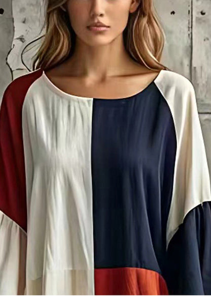 Colorblock Patchwork Cotton Beach Dress Flare Sleeve