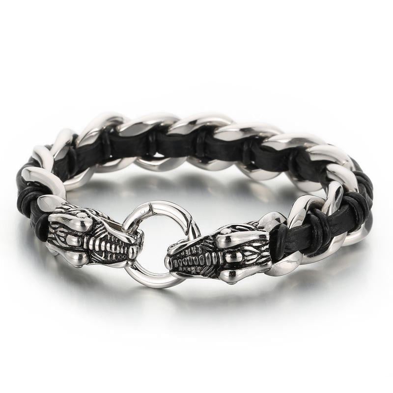 Buddha Stones Dragon Leather Titanium Steel Protection Luck Braided Bracelet