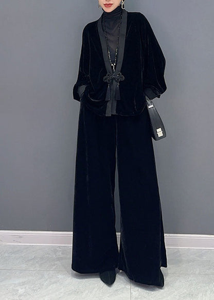 French Black V Neck Patchwork Button Silk Velour Coats and Wide Leg Pants Two Pieces Set Fall