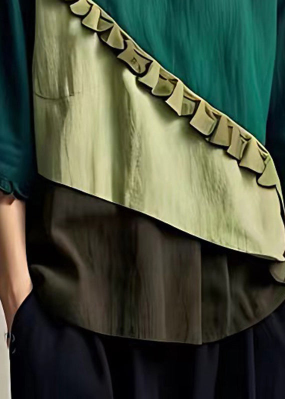 Green O-neck Ruffled Patchwork Top Bracelet Sleeve