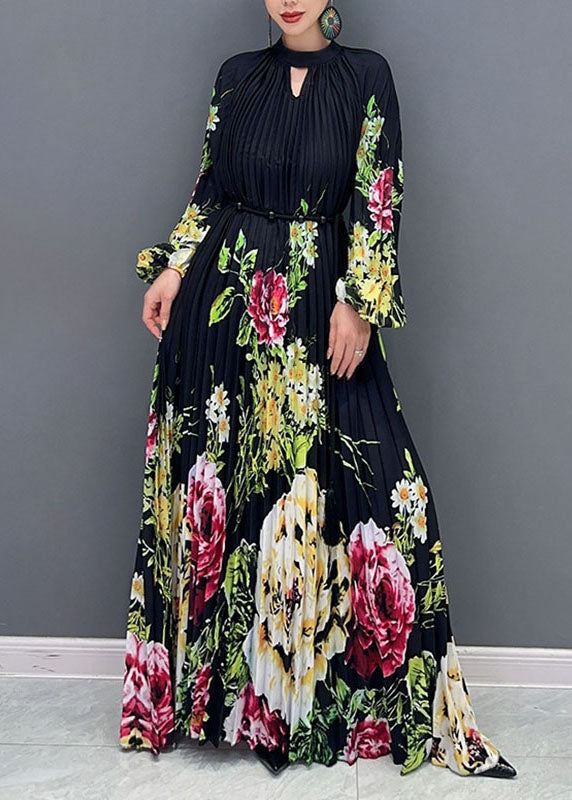 Black O-neck Print Wrinkled Long Dress Long Sleeve