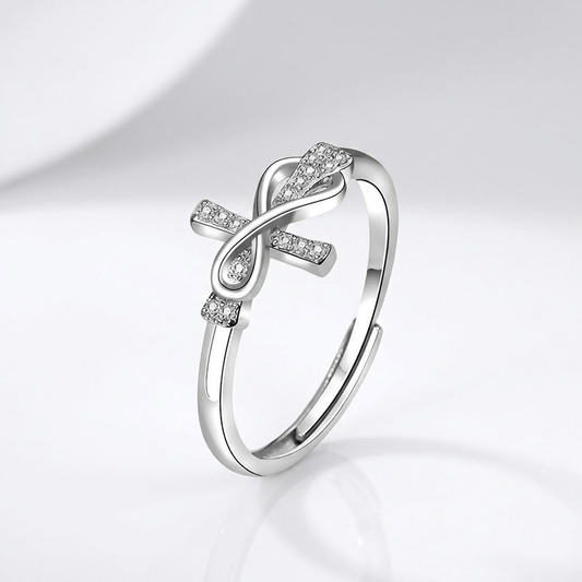 Tie & Cross Silver Ring With Zircons - (adjustable)