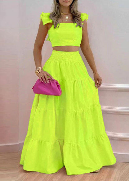 Orange Elastic Waist Cotton Two Pieces Set Square Collar Sleeveless