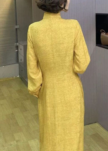 Italian Yellow Tasseled Button Wrinkled Patchwork Linen Dress Spring
