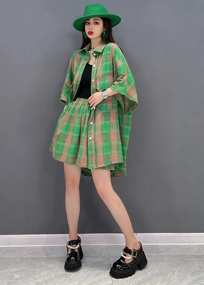 Green Plaid Pockets Cotton Linen Loose Shirt and Shorts Two Pieces Set Summer