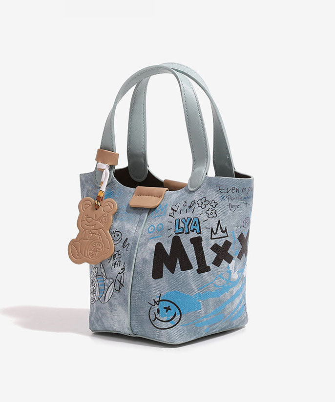 Blue Print Patchwork Denim Bucket Bag